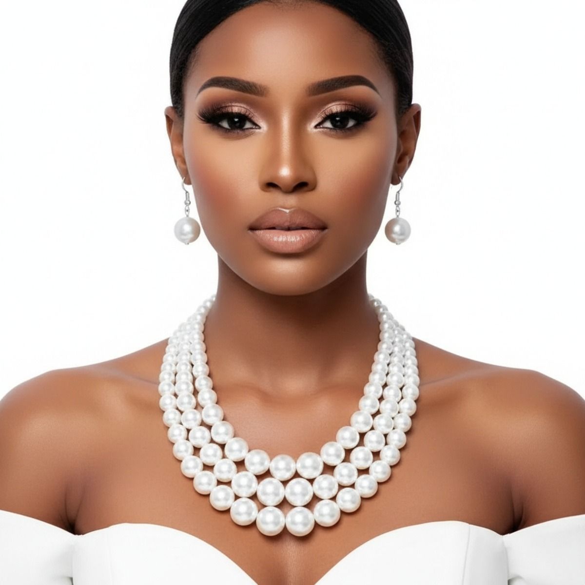 3-Strand White Pearl Layered Necklace Set Rhodium-Plated Elegant Chic Jewelry