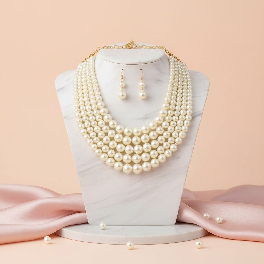 Multi Strand Cream Pearl Statement Necklace Set Chic Elegant Jewelry