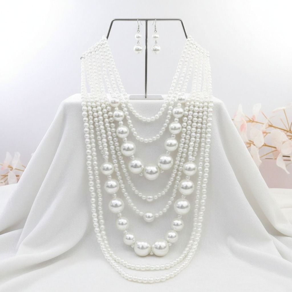 Pearl Necklace Set Long White Elegant Statement Jewelry