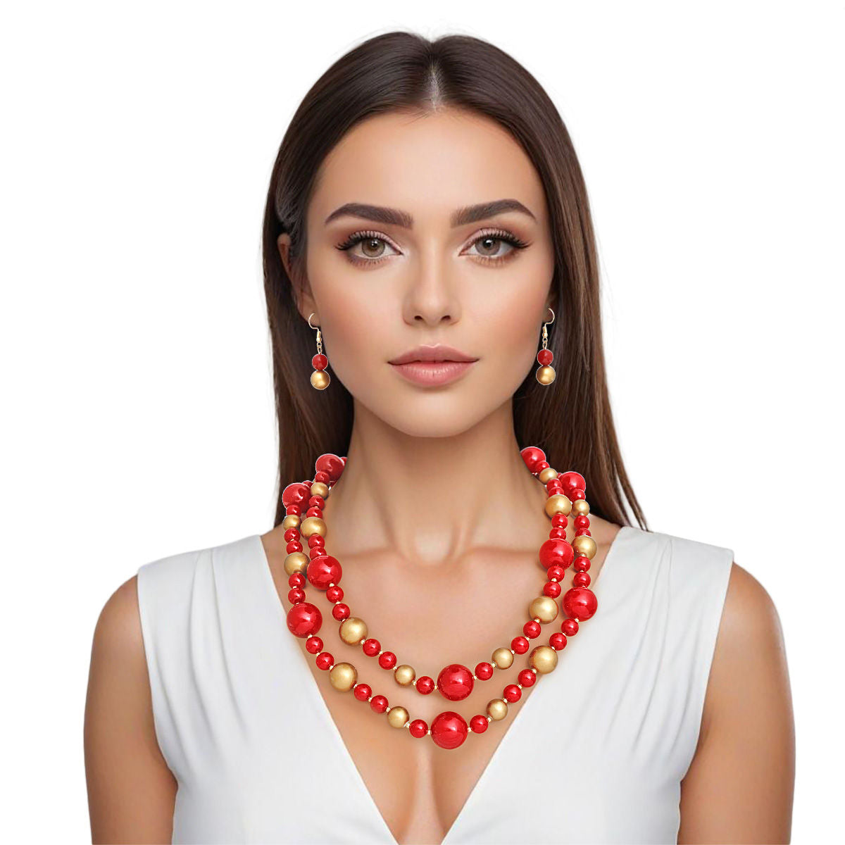Statement Necklace 2 Strand Red Gold Pearl Bead Set Stylish Layered Jewelry
