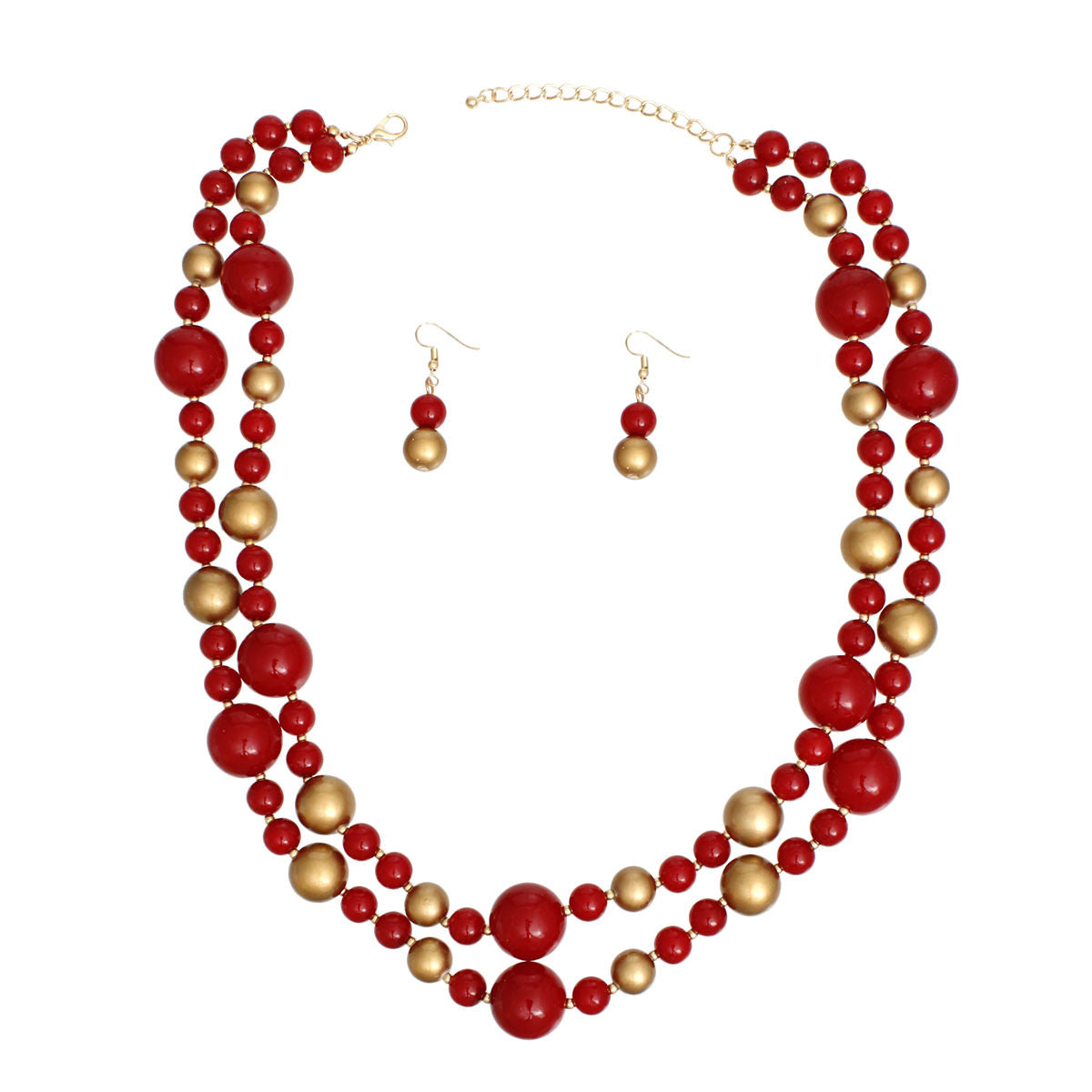 Statement Necklace 2 Strand Red Gold Pearl Bead Set Stylish Layered Jewelry