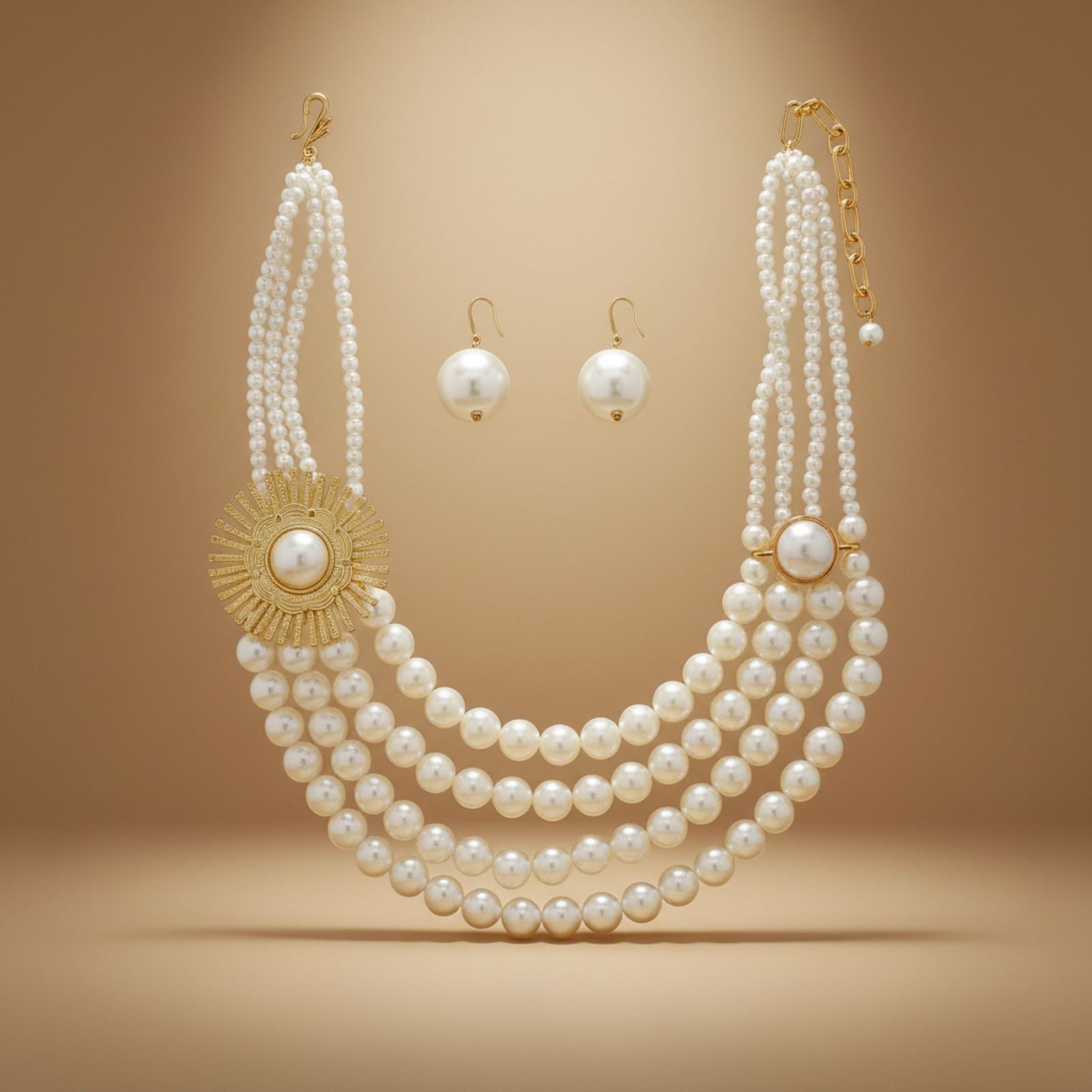 Statement Chunky Necklace Cream Pearl Floral Detail 4 Layer Layered Chic Jewelry