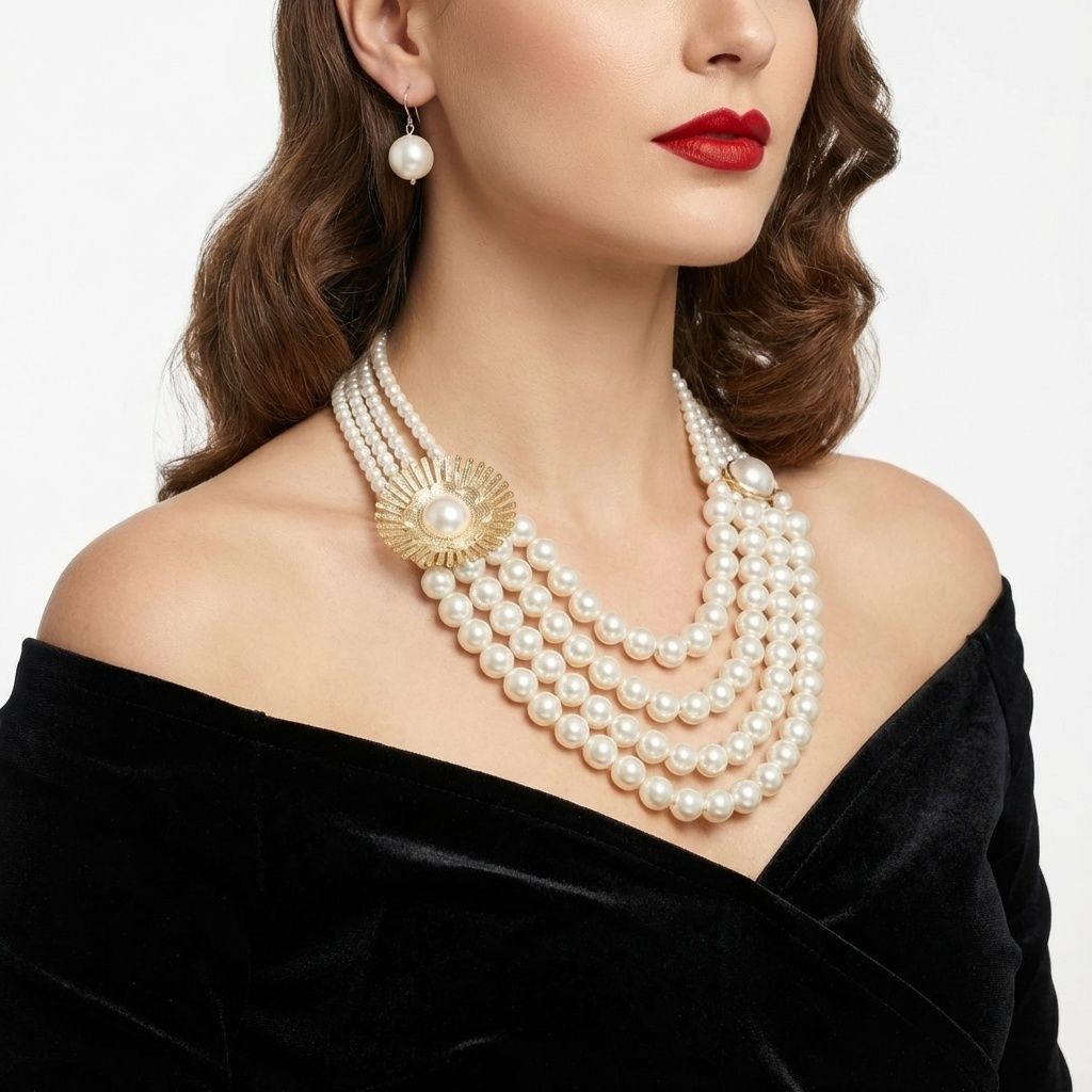 Statement Chunky Necklace Cream Pearl Floral Detail 4 Layer Layered Chic Jewelry