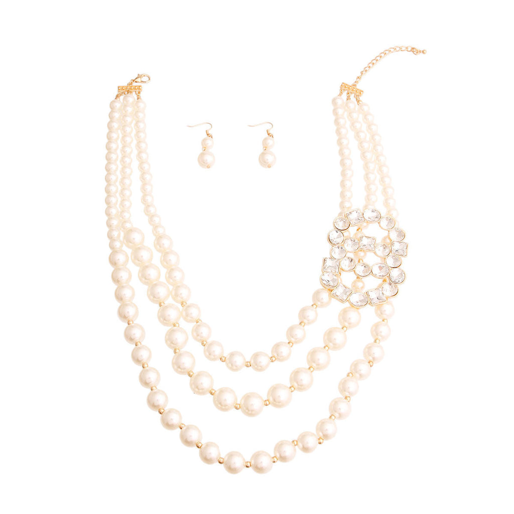 Layered Cream Pearl Necklace Set with Crystal Infinity Ring – Elegant Statement Jewelry