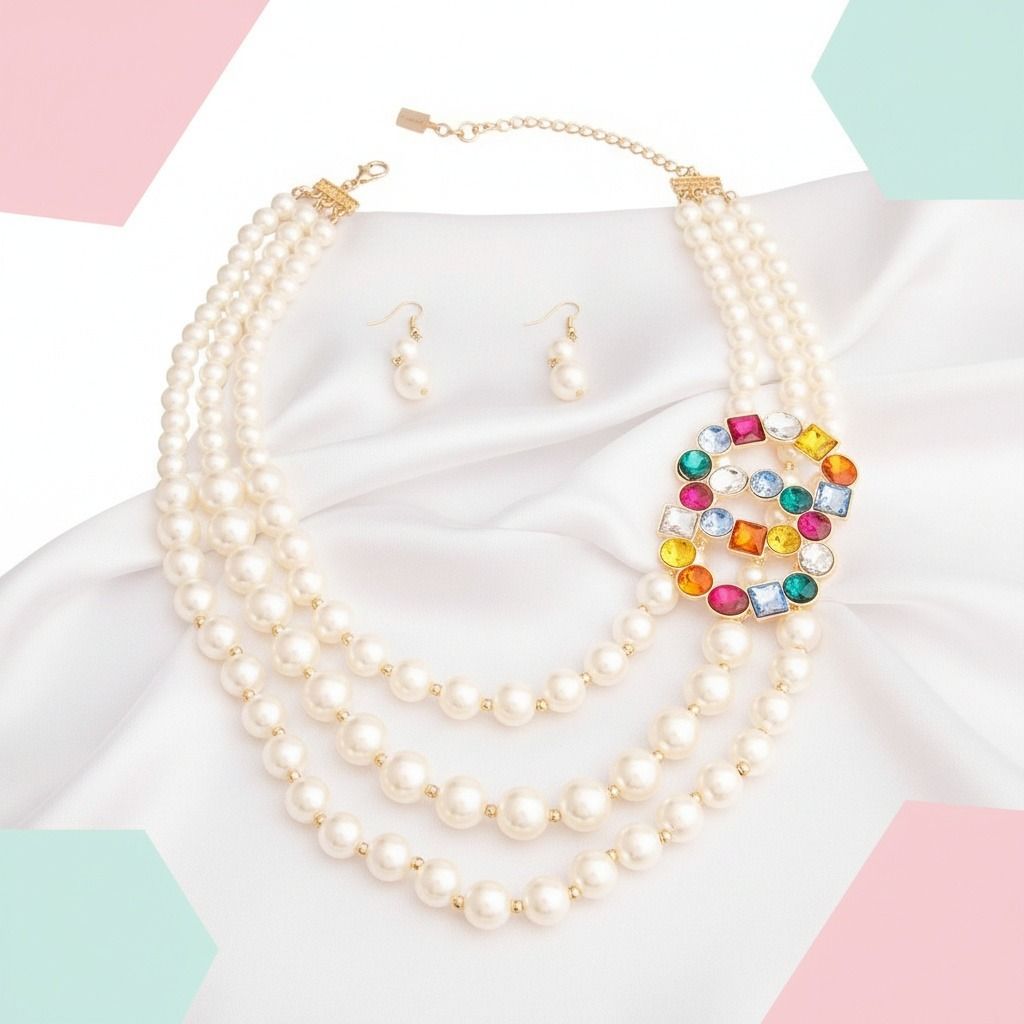 Statement Necklace Set Multi-Color Infinity Ring with 3-Layer Pearl Necklace Trendy Elegant Jewelry