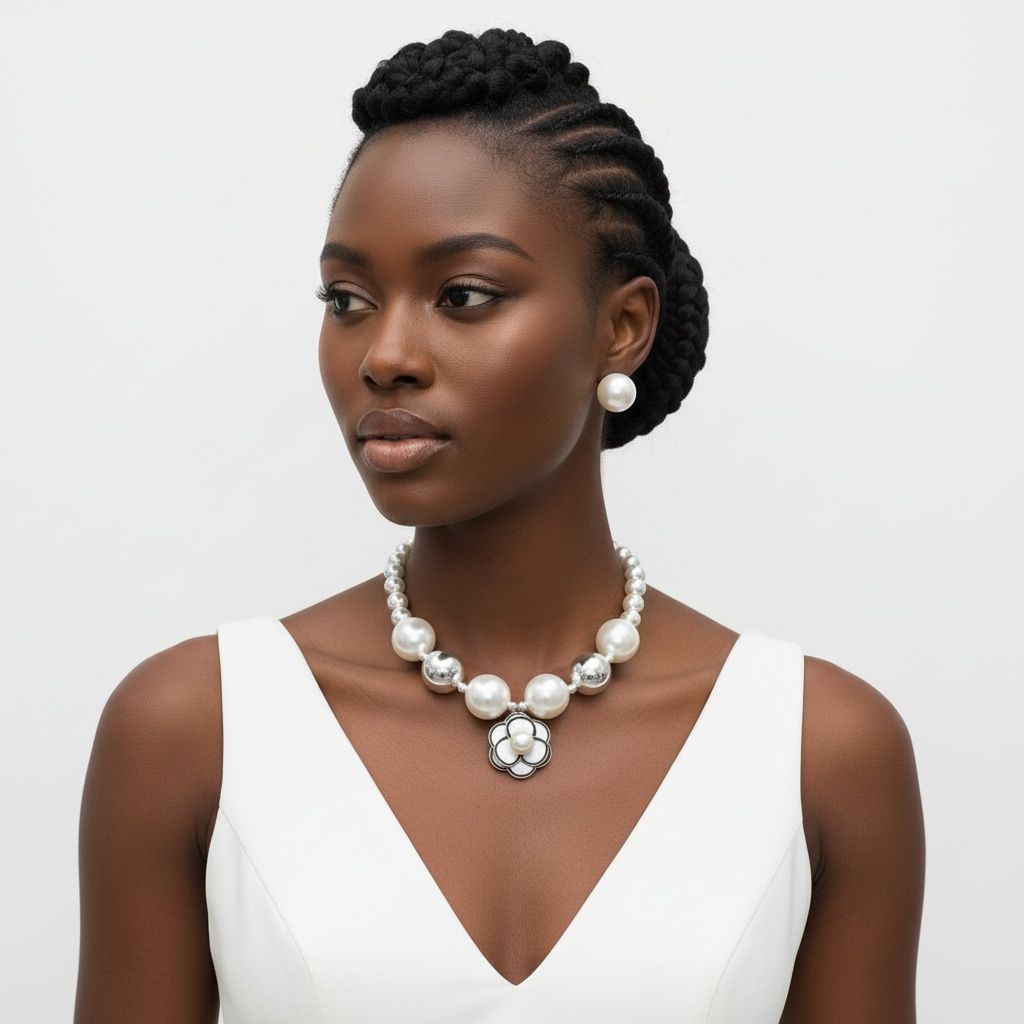 Statement Necklace Silver Ball Pearl Camellia Flower Choker Stylish Jewelry