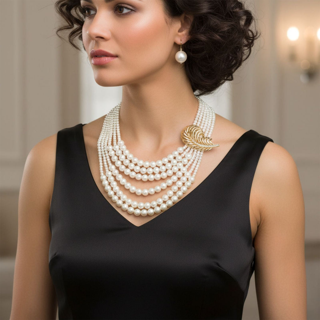 Statement Brooch Necklace with Cream Pearl and Detachable Feather, Stylish Fashion Accessory