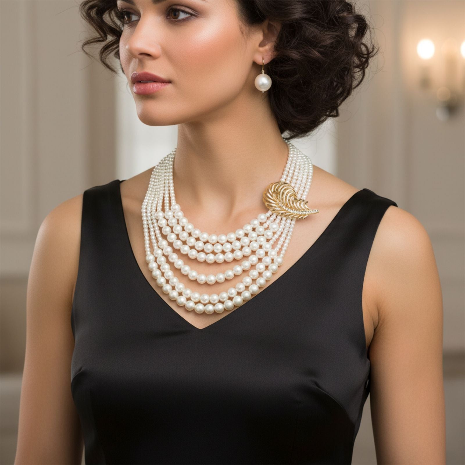Statement Brooch Necklace with Cream Pearl and Detachable Feather, Stylish Fashion Accessory