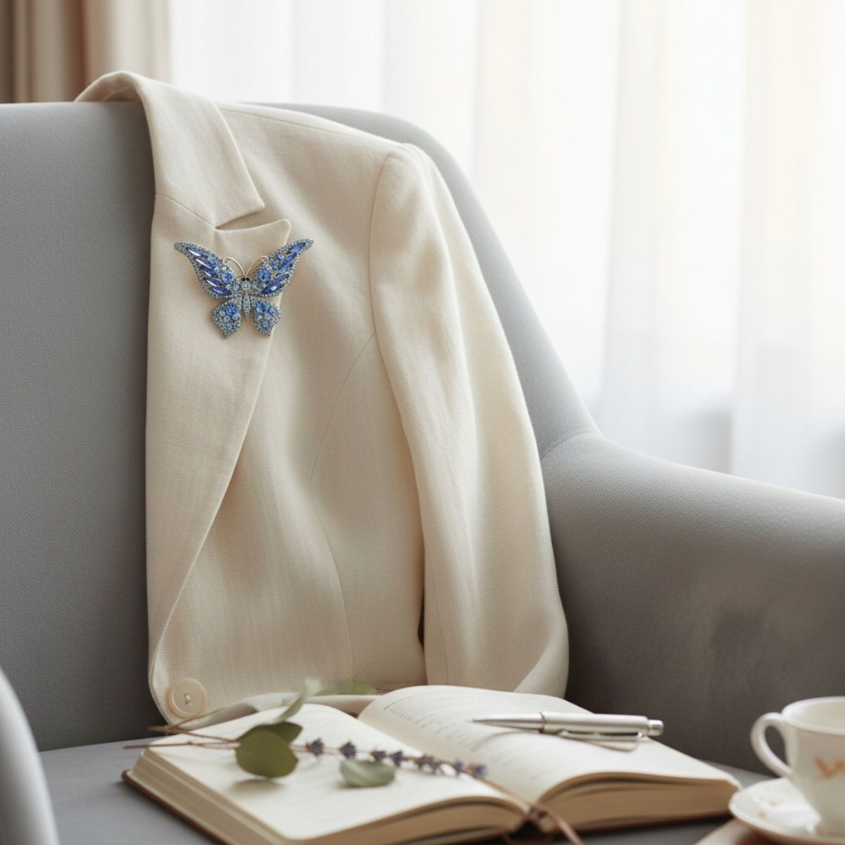Silver Butterfly Brooch with Light Blue Stone – Stylish Statement Jewelry Accessory