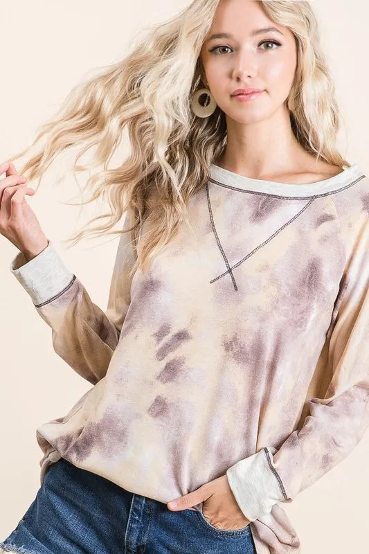 Tie Dye Terry Pull Over With Contrast Stitching