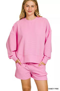 Ribbed Round Neck Pullover and Shorts Set