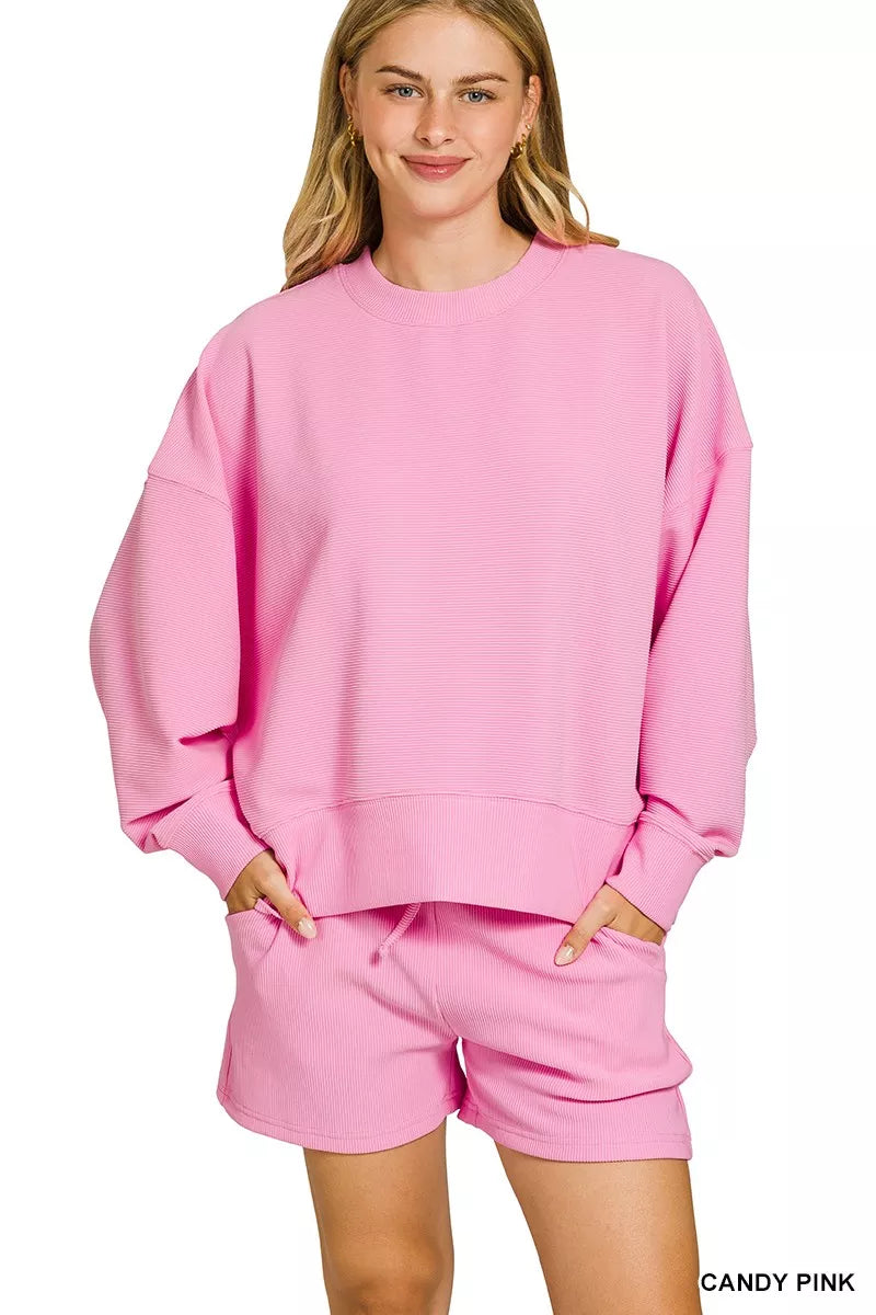 Ribbed Round Neck Pullover and Shorts Set