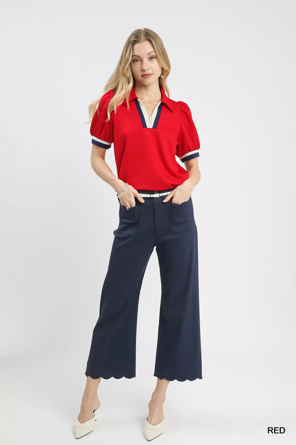Puff Sleeve Zip Front Top with Contrast Striped Trim