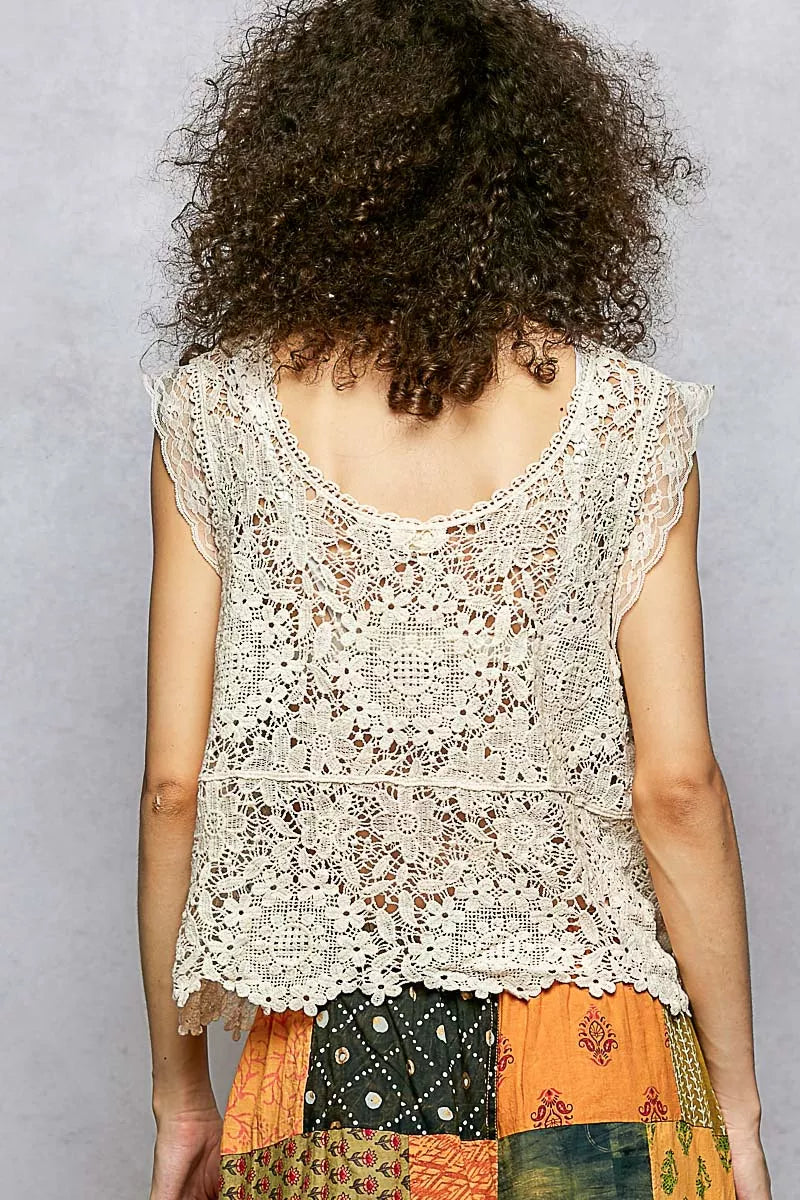 Lace Trim Openwork V-Neck Crochet Tank with Scalloped Edge