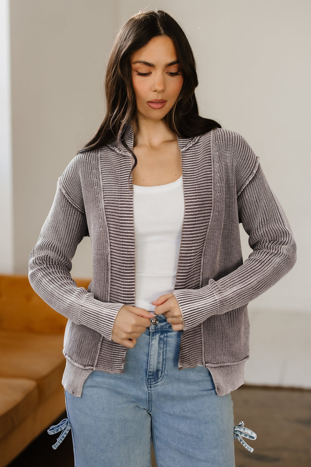 Dark Brown Mineral Wash Exposed Seam Patchwork Knit Open Sweater Cardigan