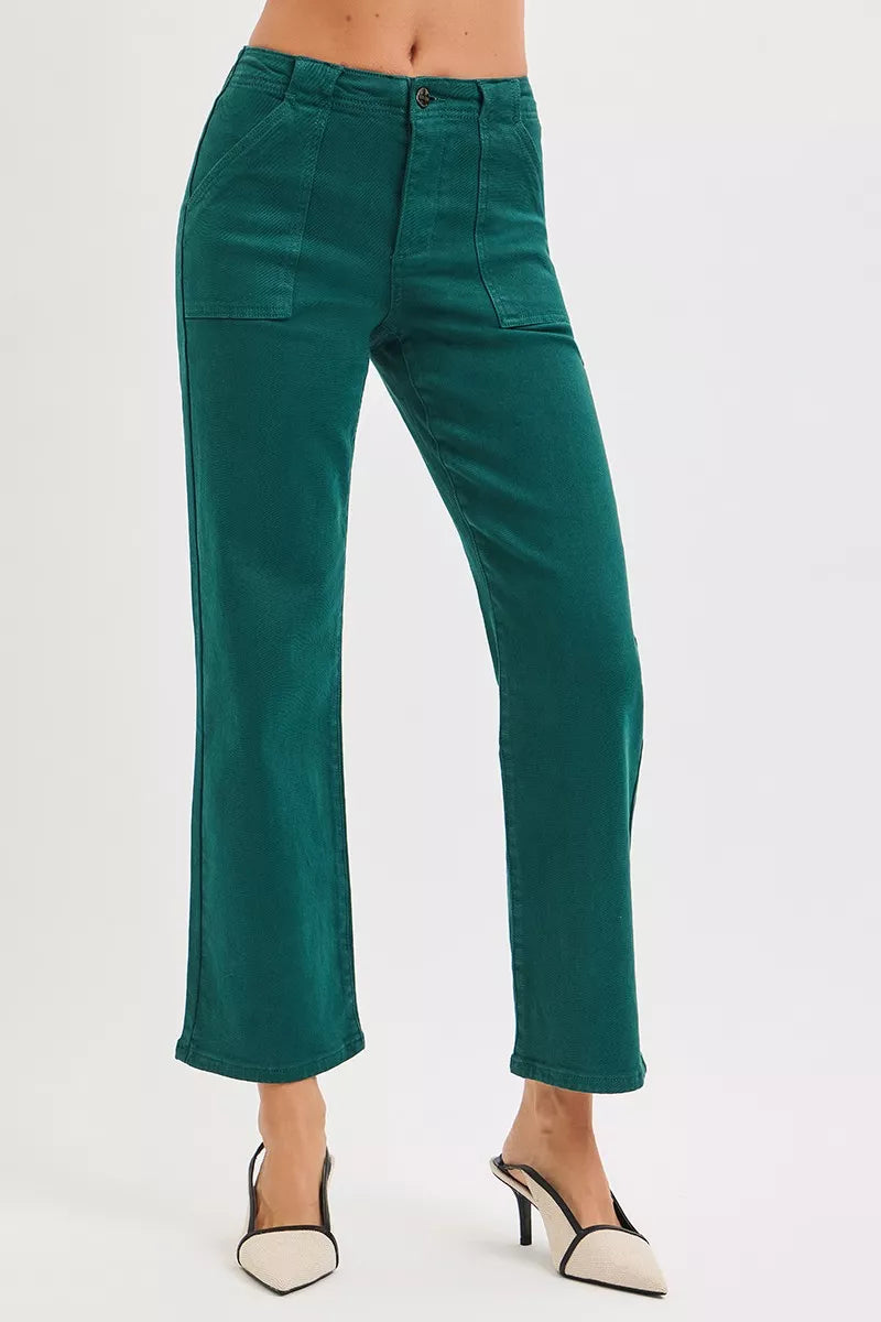 High Rise Ankle Flare Patch Pocket Jeans