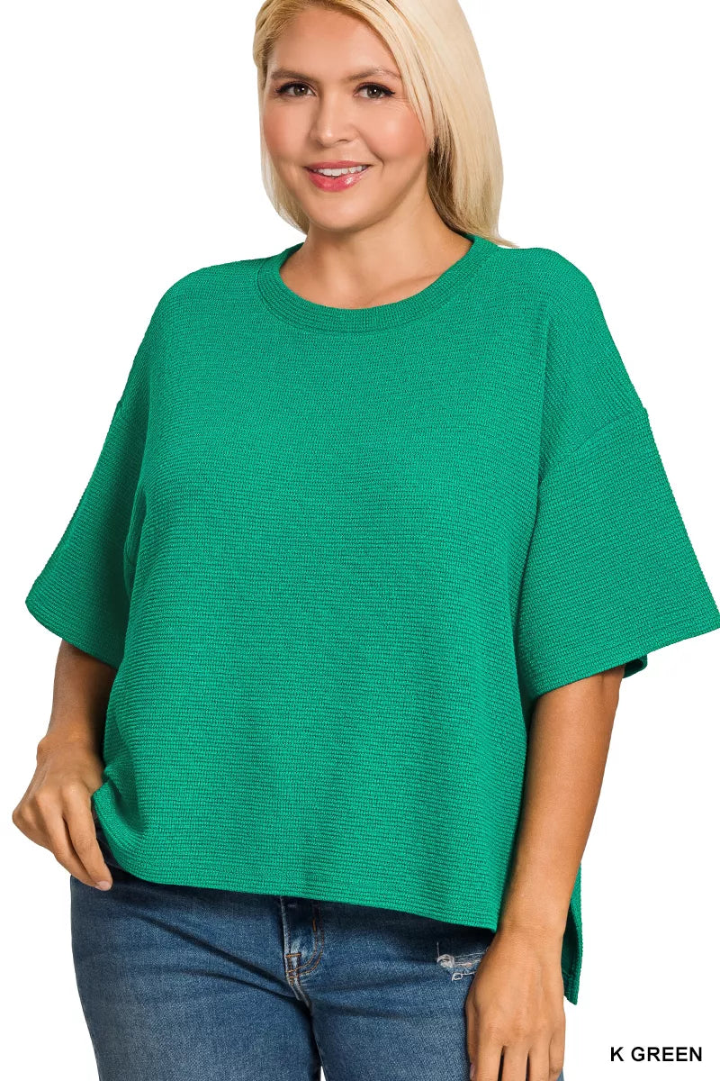 Full Size Double Knit Side Slits Hi Low Short Sleeve Top Plus Size