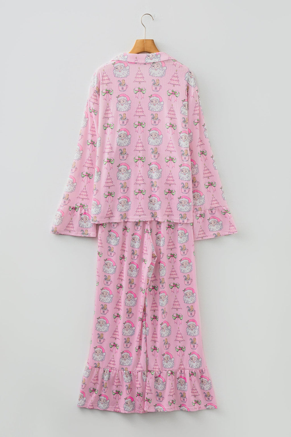Pink Christmas Print Ruffled Ribbed Shirt & Pants 2 Piece PJ Set