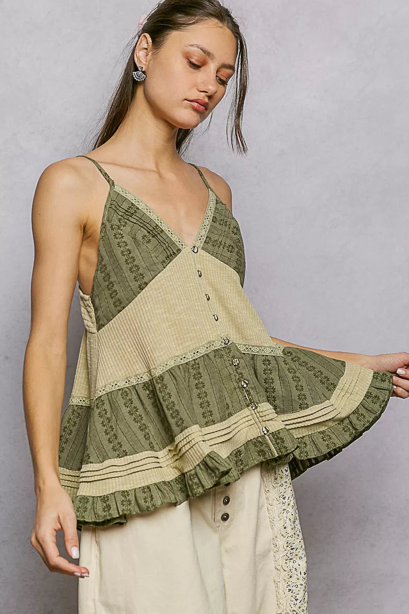 Button Front V-Neck Ruffled Cami with Pintuck Accents