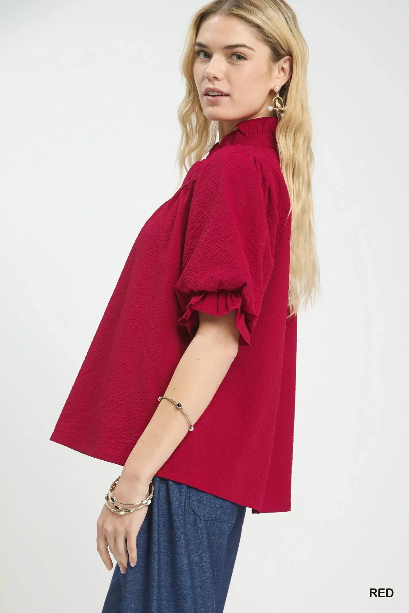 Textured Smocked Yoke Split-Neck Top