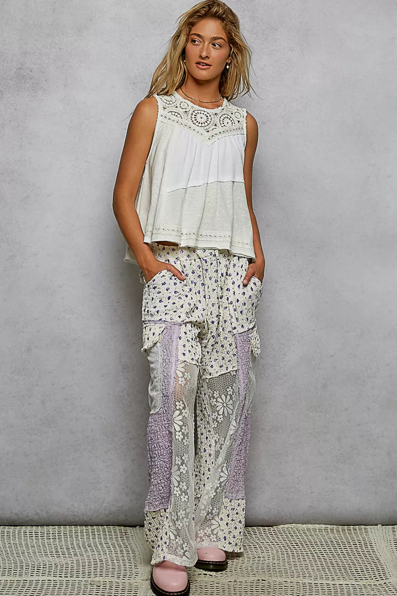 Round Neck Sleeveless Top with Crochet Contrast
