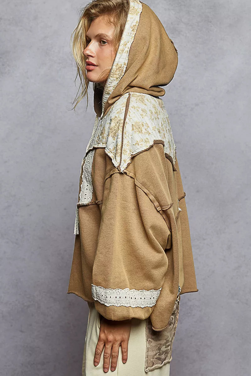 Drawstring French Terry Hoodie with Gauze Print Patch