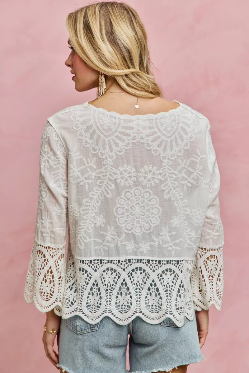 Floral Embroidered Crochet Lace Trimmed Top