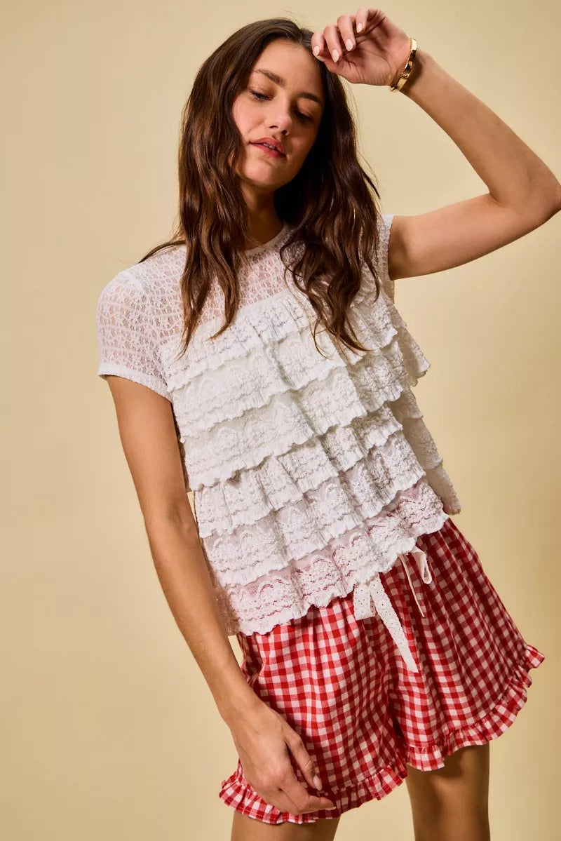 Ruffle Tiered Stretch Lace Short Sleeves Knit Top