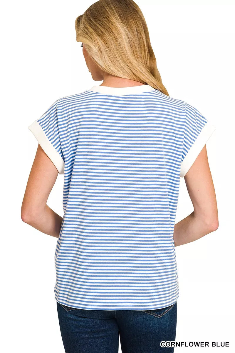 Striped Round Neck Short Sleeve Contrast Trim T-Shirt