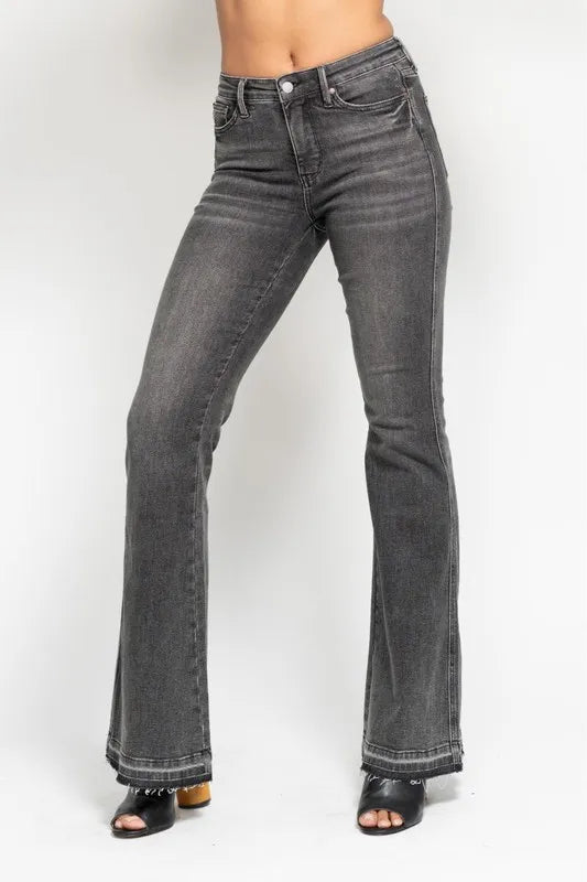 Full Size Mid Rise Tummy Control Washed Gray Release Hem Flare Jeans Plus Size