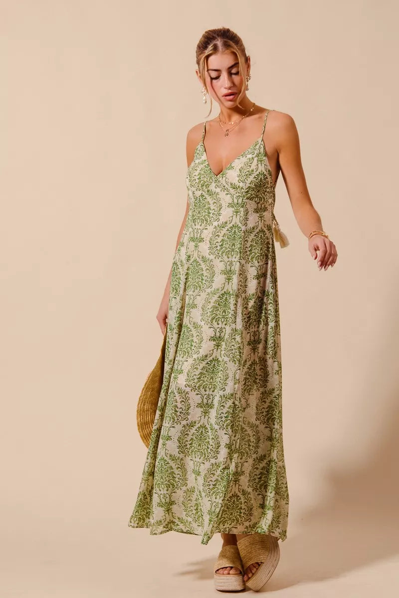 Damask Floral Summer Maxi Flowy Dress With Open Back