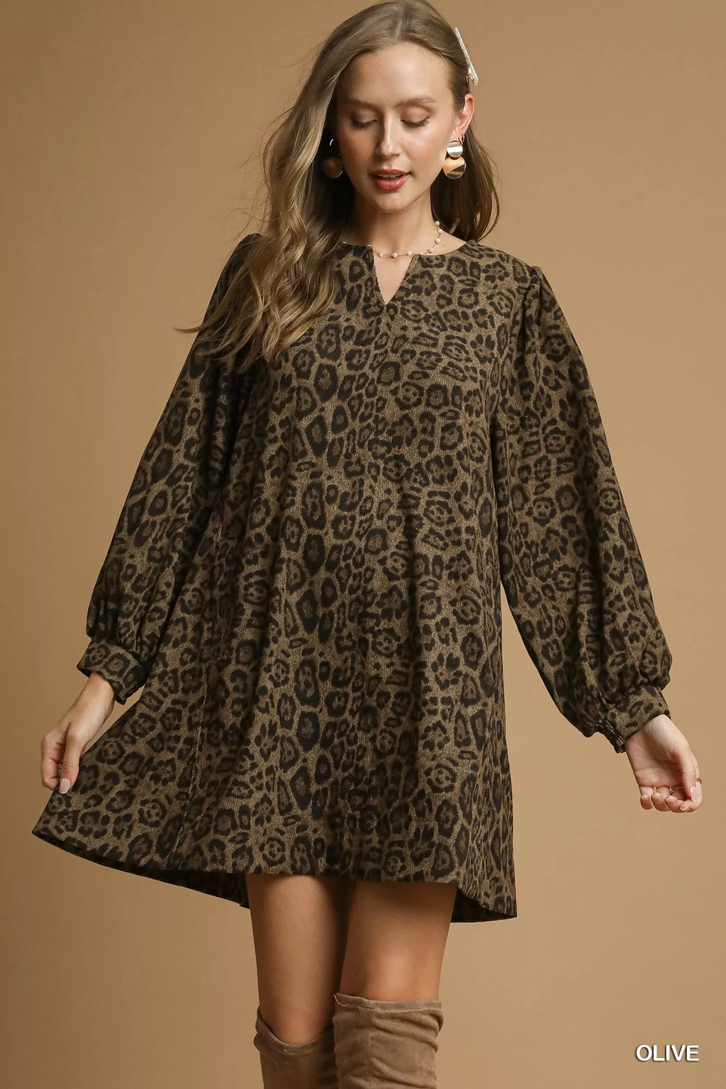Leopard Print Long Sleeve Swing Dress