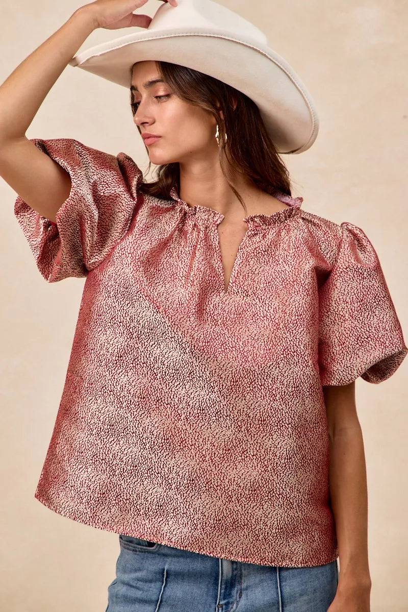 Jacquard Woven Short Balloon Sleeves V Neck Top