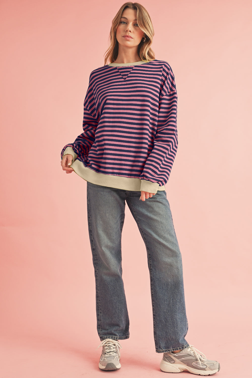 Black Stripe Contrast Edge Cross Seam Oversized Sweatshirt