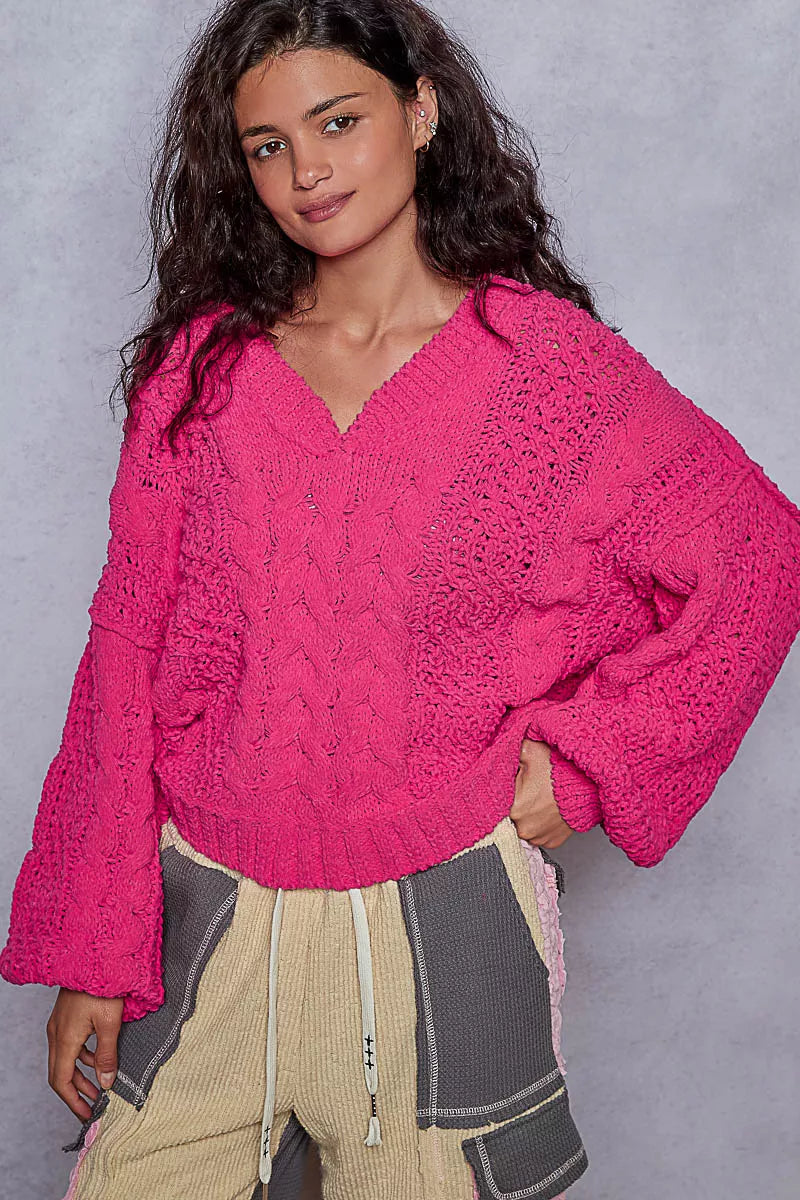 Cable-Knit Solid V-Neck Cropped Sweater
