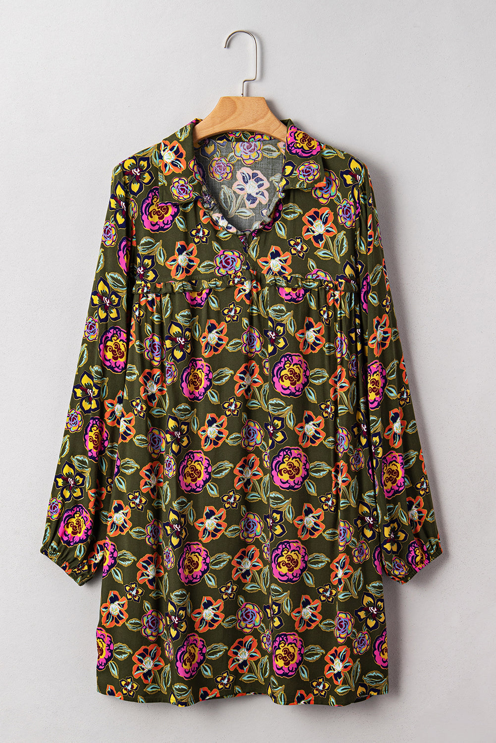 Green Floral Print Split Neck Bubble Sleeve Shift Mini Dress