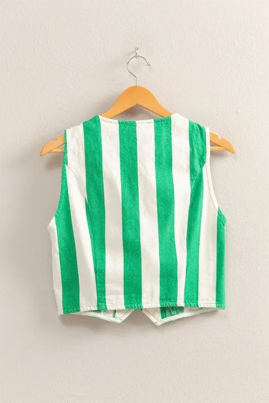 Woven Striped V-Neck Button Down Vest