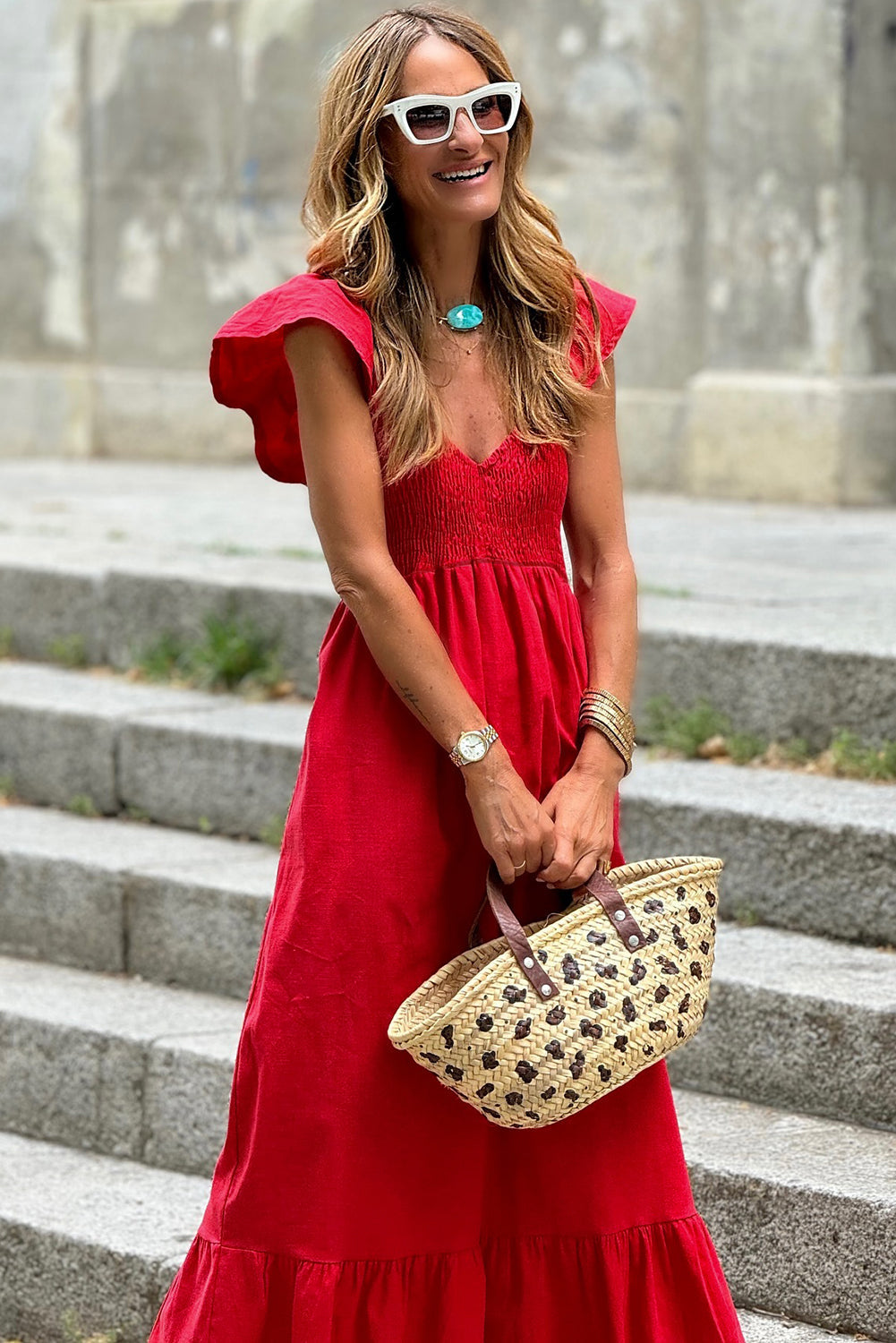 Fiery Red V Neck Flutter Sleeve Smocked Bodice High Waist Ruffle Maxi Dress