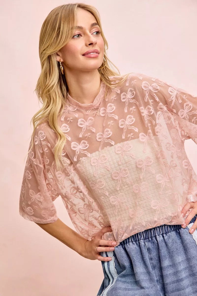 Bow Pattern Short Sleeves Boxy Mesh Top