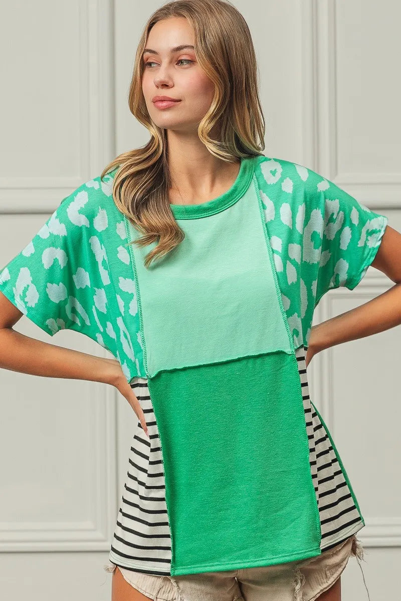 Leopard and Stripe Color Block Top With Exposed Seam