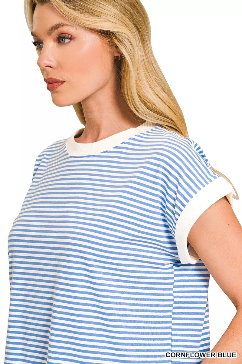 Striped Round Neck Short Sleeve Contrast Trim T-Shirt