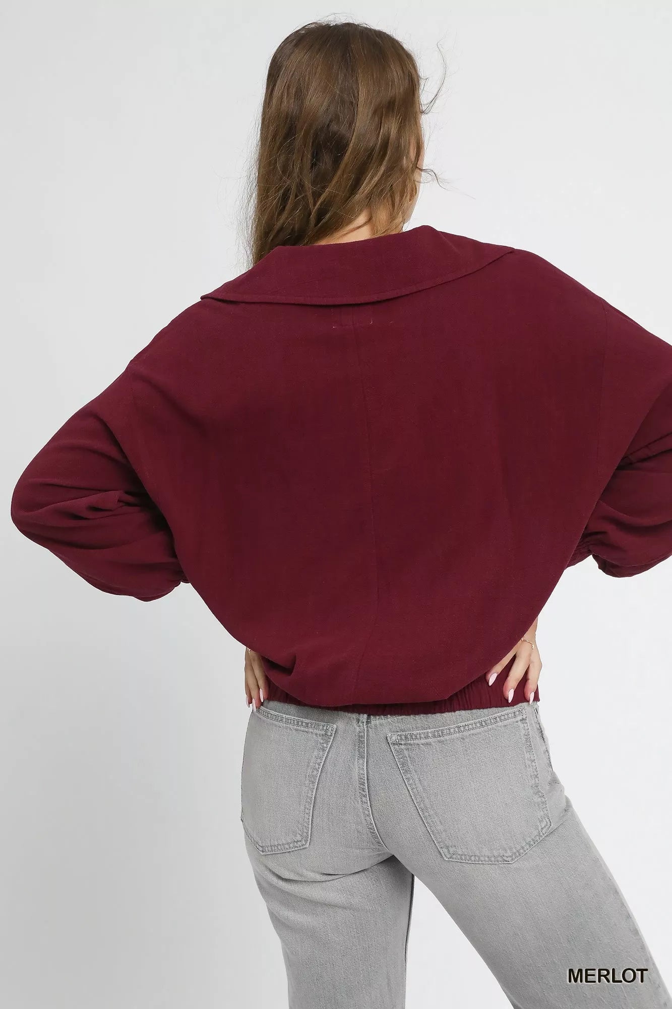 Linen Long Sleeves Elastic Hem Blouse