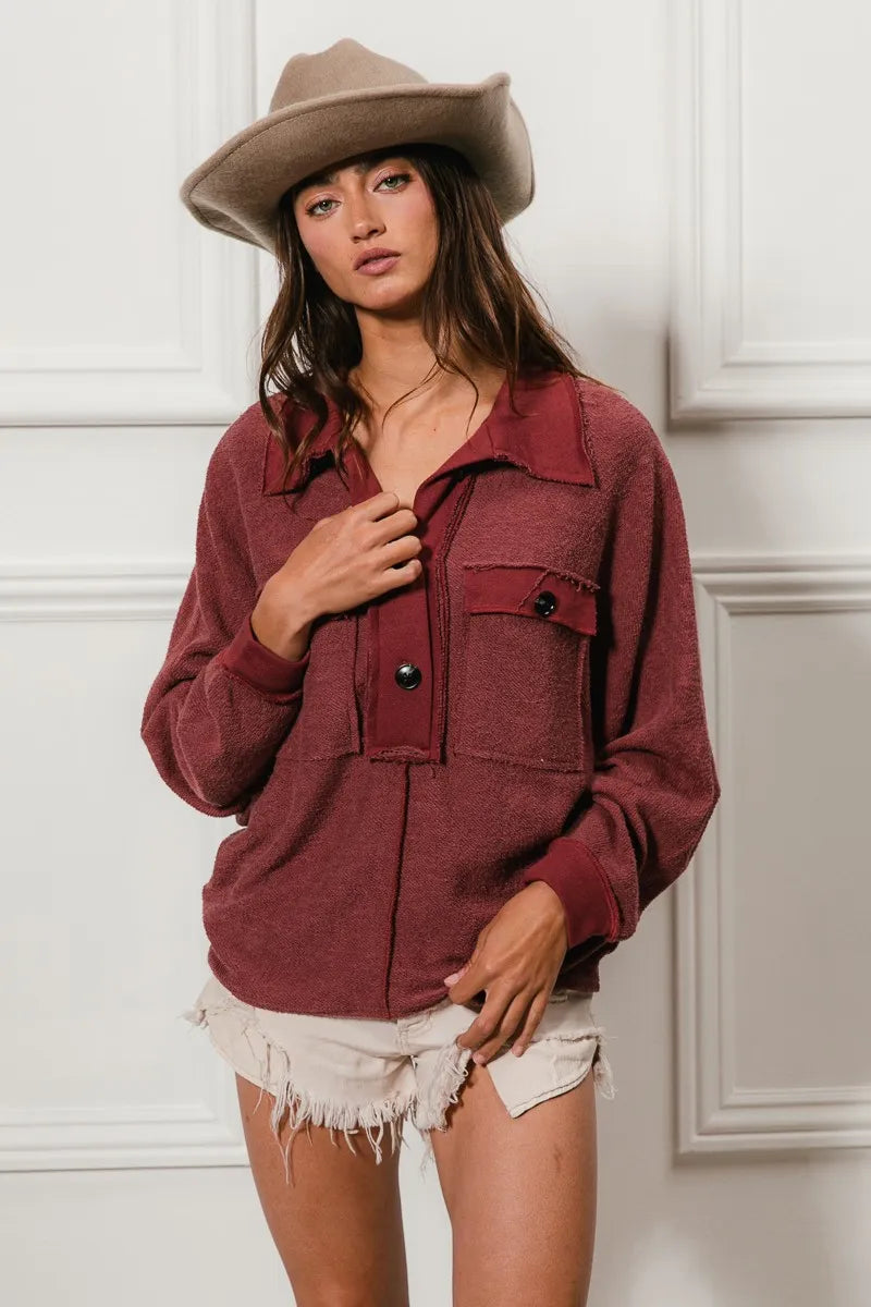 Cp French Terry Cut Edge Detail Collared Top