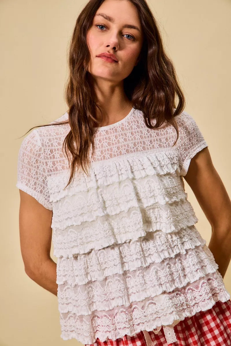 Ruffle Tiered Stretch Lace Short Sleeves Knit Top