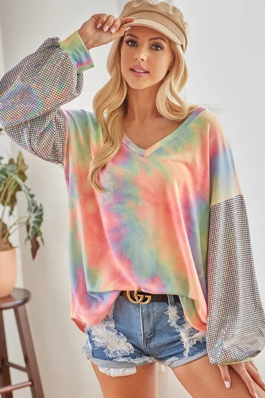 V Neck Tie Dye French Terry Top with Shiny