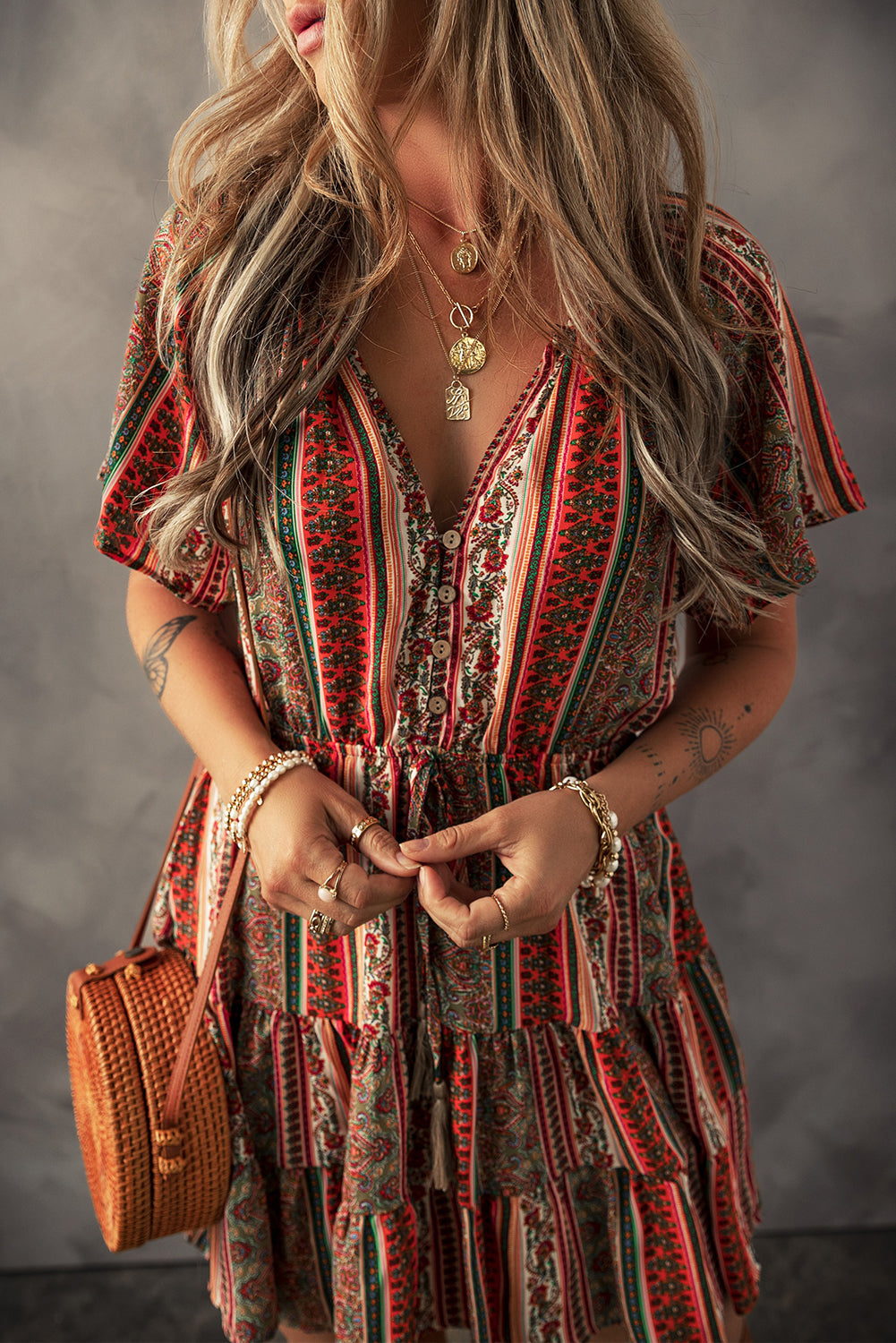 Red Bohemian Floral Print Buttoned V Neck Ruffle Tiered Dress