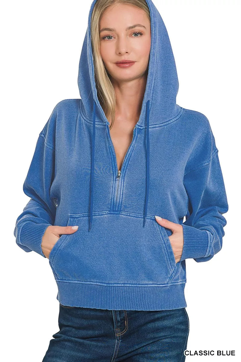 Fleece Pigment Dye Half Zip Kangaroo Pocket Hoodie