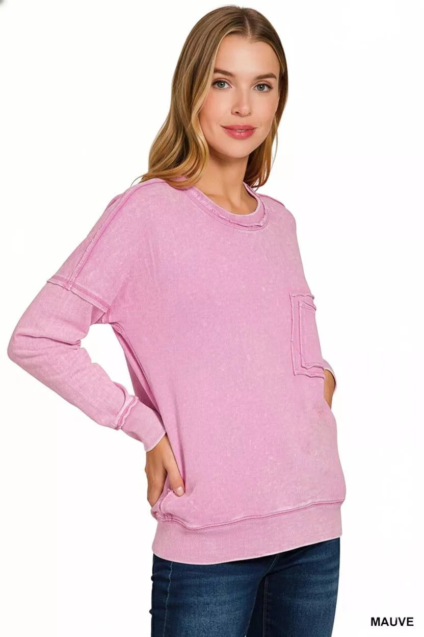 I am a Fashion Junky French Terry Washed Raw Edge Front Pocket Pullover