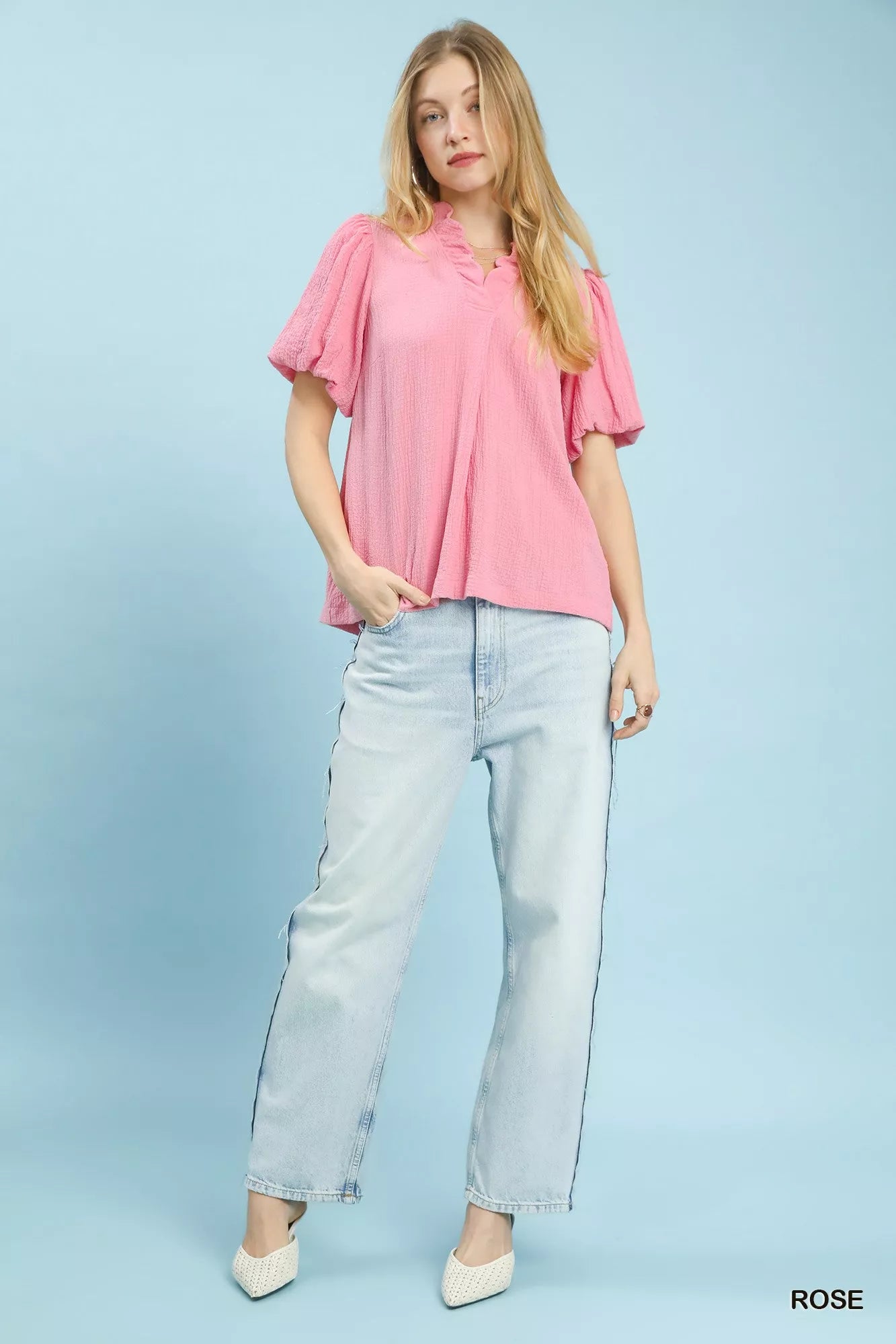 Seersucker Puff Sleeve Blouse