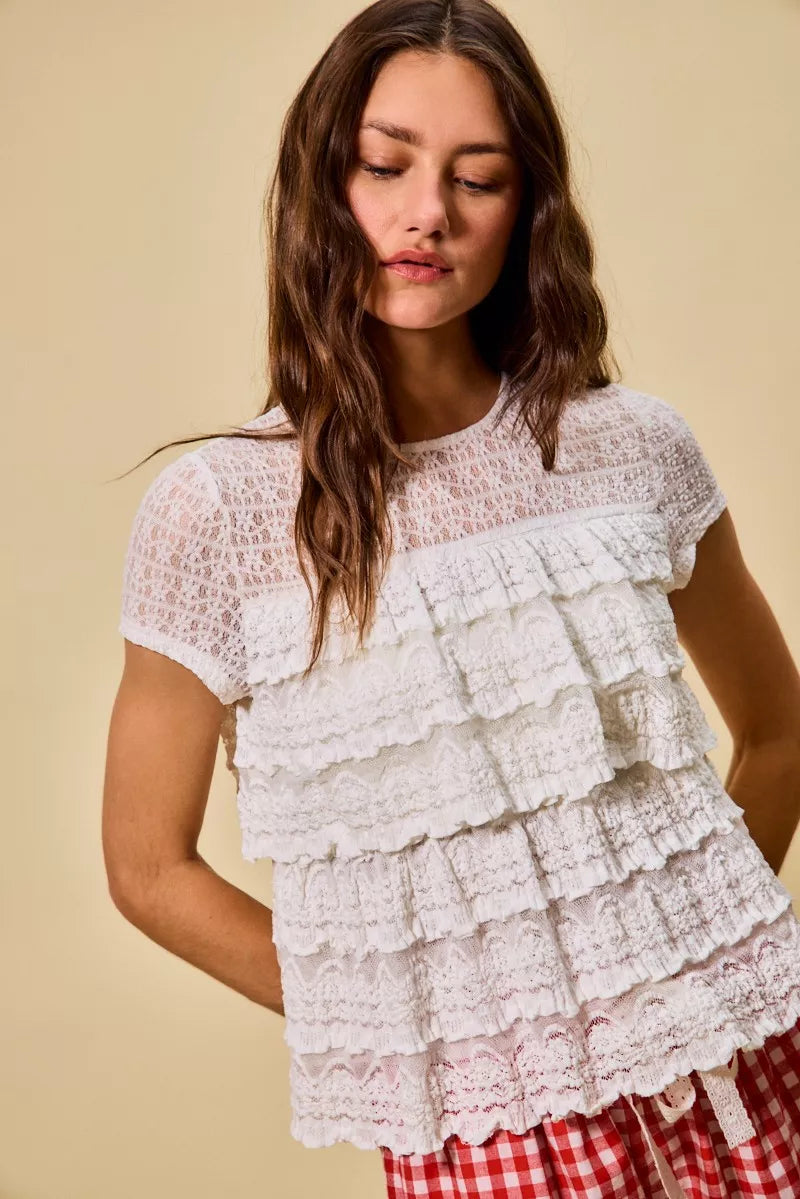 Ruffle Tiered Stretch Lace Short Sleeves Knit Top